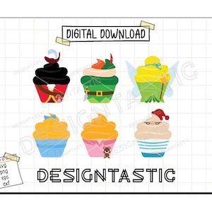 May include: A digital download graphic featuring six stylized cupcakes with various character-themed designs, including a pirate, fairy, and bear motif. The text DIGITAL DOWNLOAD and DESIGNTASTIC are visible, along with a small note listing svg, png, eps, and dxf.