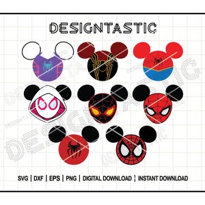 Może przedstawiać: Osiem różnych wzorów uszu Myszki Miki z różnymi postaciami Spider-Mana. Wzory obejmują Spider-Mana, Milesa Moralesa, Spider-Gwen i inne.