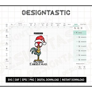May include: A digital design of a cartoon rooster in a Santa hat, with the words "MERRY CHRISTMAS." The design measures 7.54 cm by 12.98 cm. The image includes options for SVG, DXF, EPS, and PNG formats, and is available for digital and instant download.