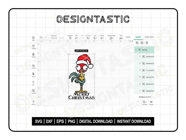 May include: A digital design of a cartoon rooster in a Santa hat, with the words "MERRY CHRISTMAS." The design measures 7.54 cm by 12.98 cm. The image includes options for SVG, DXF, EPS, and PNG formats, and is available for digital and instant download.