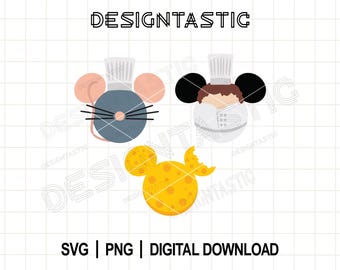 May include: A digital graphic featuring three circular icons: a grey mouse with a white chef hat, a character with black ears and a white chef uniform, and a yellow cheese wheel with a bite mark. The text DESIGNTASTIC appears at the top.