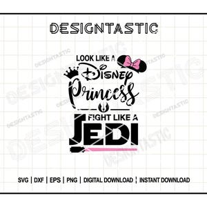 Pode incluir: Design gráfico preto e branco com o texto "Look like a Disney Princess Fight like a Jedi" com um sabre de luz rosa e um laço rosa em cima da palavra "Disney".