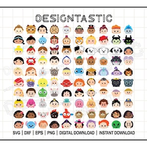 May include: A digital download of 60 Disney character illustrations in a grid format. Each character is depicted in a simplified, cartoon style with a round face and large eyes. The characters include Mickey Mouse, Minnie Mouse, Donald Duck, Goofy, Pluto, Cinderella, Snow White, Ariel, Belle, and many more.
