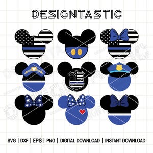 Puede incluir: Una colección de nueve diseños de cabeza de Mickey Mouse en negro y azul. Algunos presentan patrones de la bandera estadounidense, insignias de policía o lazos. El texto "DESIGNTASTIC" está en la parte superior. El texto inferior incluye "SVG | DXF | EPS | PNG | DIGITAL DOWNLOAD | INSTANT DOWNLOAD".