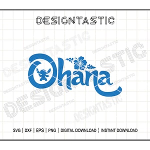 May include: Blue and white graphic design featuring the word "Ohana" with a Stitch character and a flower. The design is on a white background with a grid pattern.
