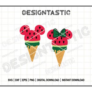 Puede incluir: Dos conos de helado de sandía con orejas de Mickey Mouse. El cono de la izquierda tiene un lazo rojo en la parte superior. Los conos están sobre un fondo de cuadrícula blanco y gris.
