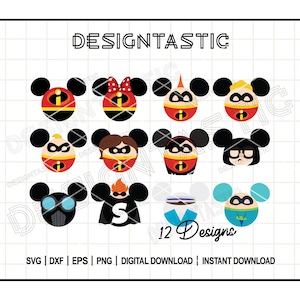 May include: A set of 12 digital cut files featuring various characters from the Incredibles and Mickey Mouse. The characters are depicted in a circular shape with a black outline and various colors, including red, yellow, blue, and green. The text "DESIGNTASTIC" and "12 Designs" are also included in the image.