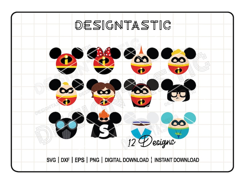 May include: A set of 12 digital cut files featuring various characters from the Incredibles and Mickey Mouse. The characters are depicted in a circular shape with a black outline and various colors, including red, yellow, blue, and green. The text "DESIGNTASTIC" and "12 Designs" are also included in the image.
