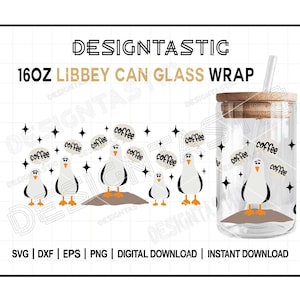May include: A digital download design for a 16 ounce Libbey can glass wrap featuring a cartoon seagull with the word "coffee" in a speech bubble. The design includes multiple seagulls with coffee speech bubbles and a glass with a wooden lid.