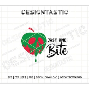 May include: A green and red poisoned apple with a skull design and the text "Just One Bite" in black.