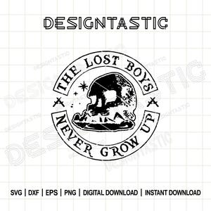 May include: A black and white graphic design with the text "DESIGNTASTIC" at the top. Below is a circular design with the words "THE LOST BOYS NEVER GROW UP" around a skull image. File type options are listed below.