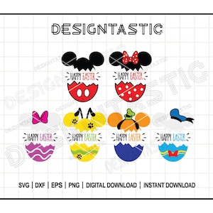 Può includere: Una grafica scaricabile digitalmente con disegni a tema pasquale. L'immagine include le orecchie di Topolino e Minnie, insieme ad altri disegni di uova ispirati ai personaggi. Ogni disegno ha il testo "HAPPY EASTER".