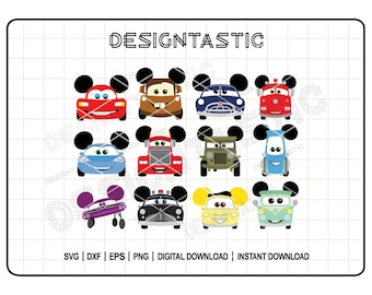 Puede incluir: Un conjunto gráfico digital que presenta doce coches de dibujos animados con orejas de ratón negras, dispuestos en una cuadrícula. El texto DESIGNTASTIC aparece arriba, con SVG, DXF, EPS, PNG, DIGITAL DOWNLOAD e INSTANT DOWNLOAD abajo.