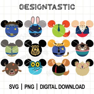 Pacchetto orecchie di Zootropolis SVG, Judy Hopps SVG, Nick SVG, Orecchie di topo SVG, Testa di topo SVG, Disegno di maglietta SVG, File di taglio per Cricut, Silhouette