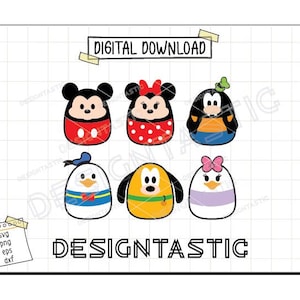 Può includere: Download digitale di sei immagini di personaggi dei cartoni animati in stile Tsum Tsum. I personaggi sono Topolino, Minnie Mouse, Paperino, Pippo, Pluto e Paperina. I personaggi sono tutti di forma rotonda con un design semplice.