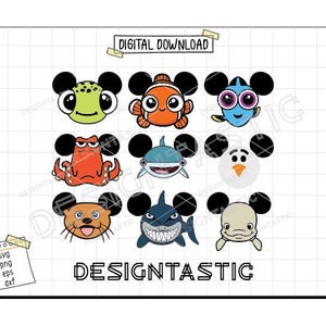 May include: Nine colorful cartoon characters from the movie Finding Nemo, each with Mickey Mouse ears. The characters include Nemo, Dory, Marlin, Crush, Squirt, Gill, Bloat, Bubbles, and Peach. The characters are arranged in a grid pattern on a white background with a grid pattern.