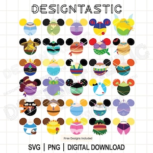 Pode incluir: Uma coleção digital de trinta ícones circulares com orelhas de rato estilizadas, cada uma decorada com cores e padrões inspirados em vários personagens. O texto DESIGNTASTIC aparece no topo, com SVG | PNG | DIGITAL DOWNLOAD na parte inferior.