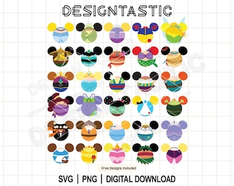 Puede incluir: Una colección digital de treinta iconos circulares con orejas de ratón estilizadas, cada uno decorado con colores y patrones inspirados en varios personajes. El texto DESIGNTASTIC aparece en la parte superior, con SVG, PNG, DIGITAL DOWNLOAD en la parte inferior.