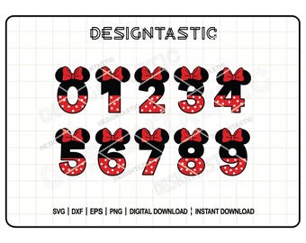 Puede incluir: Un conjunto de diez números negros con lunares rojos y lazos rojos, que se asemejan a las orejas de Minnie Mouse. Los números son del 0 al 9.