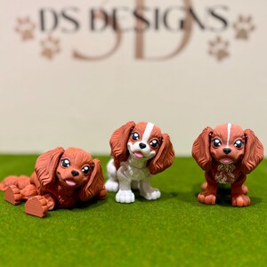 May include: Three Cavalier King Charles Spaniel figurines on a green surface. The dogs are brown and white. The background features the text "DS DESIGNS" in a 3D style, with paw prints.