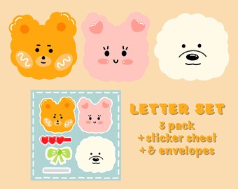 Animal Faces Letter Set (+ mini sticker sheet & envelopes) | Cute Korean Style Letter Writing Paper/Card Set for Gift, Scrapbook, Decorating