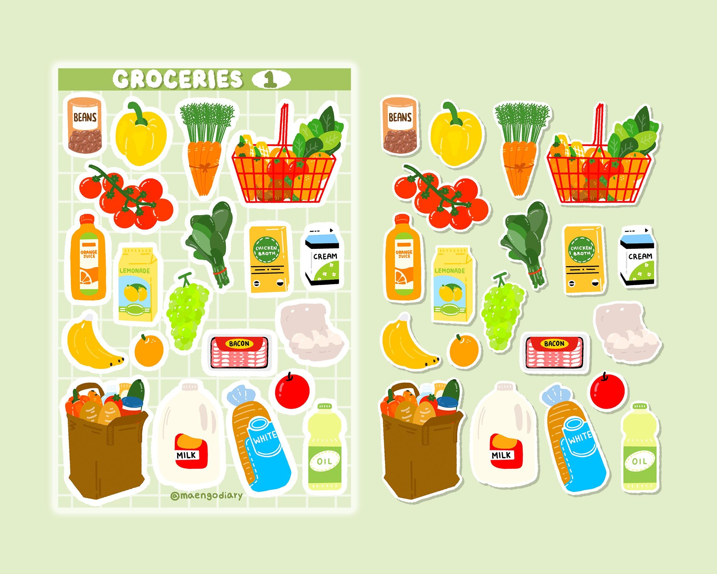 Groceries Sticker Sheet (Matte) | Cute Korean Style Stickers for Journaling, Scrapbook, Planner, Bullet Journal, Diary