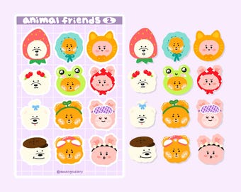 Animal Friends Faces Sticker Sheet (Matte) | Cute Korean Style Stickers for Journaling, Scrapbook, Planner, Bullet Journal, Diary