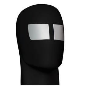 May include: A black balaclava with two rectangular silver-colored eye openings. The head covering is made of a smooth, opaque material. The balaclava is designed to cover the head and neck.