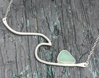 Sterling Wave with light blue seaglass necklace, bezel set seaglass in sterling, gift for her, coastal jewelry, surf ocean necklace