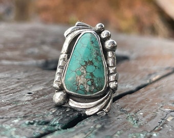 Turquoise sterling ring with silver embellishments | southwest style ring | boho jewelry | Sundance style ring | size 7