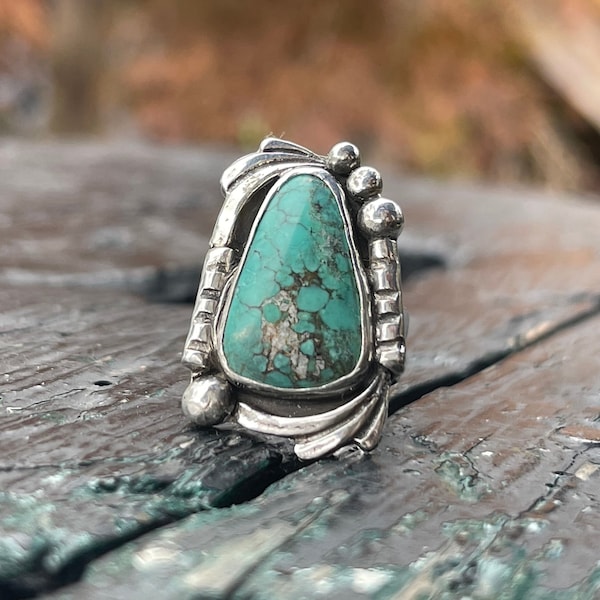 Turquoise sterling ring with silver embellishments | southwest style ring | boho jewelry | Sundance style ring | size 7