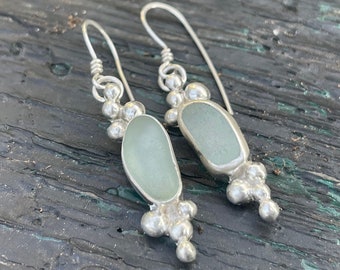 Light blue seaglass earrings with ocean tumbled seaglass bezel set in sterling silver, beach earrings, seaglass dangle earrings