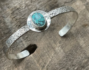 Sterling Textured turquoise cuff • sterling turquoise cuff bracelet • oval turquoise cuff bracelet • stacker cuff • hammered cuff