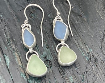 Double seaglass earrings with 2 ocean tumbled seaglass pieces bezel set in sterling silver, beach earrings, seaglass dangle earrings