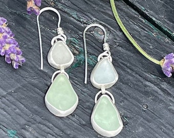Double seaglass earrings with 2 ocean tumbled seaglass pieces bezel set in sterling silver, beach wedding earrings, seaglass dangle earrings