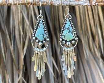 Genuine turquoise sterling silver fringe earrings | southwestern turquoise earrings | paddle earrings | long turquoise earrings