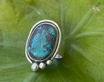 Turquoise sterling ring with stamped band | southwest style ring | boho jewelry | Sundance style ring | size 7.25 ring