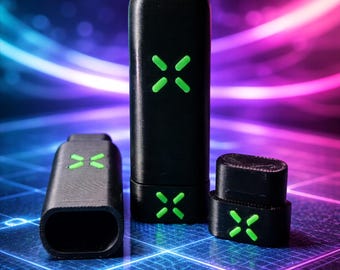 May include: Black electronic device with green X markings, featuring a rectangular body and a separate cap. The device is displayed against a vibrant blue and pink gradient background. The text "EDJ 3D" is visible.