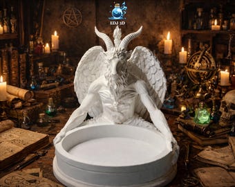 May include: A white sculpture of a horned, winged figure holding a circular tray. The figure is in a dimly lit room with candles, books, and potion bottles. The text "EDJ 3D" is visible above the figure.