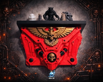 May include: A red and gold decorative wall piece with a skull emblem and a shelf holding various figurines. The shelf features a black werewolf figurine and other detailed miniatures. The overall theme is fantasy.