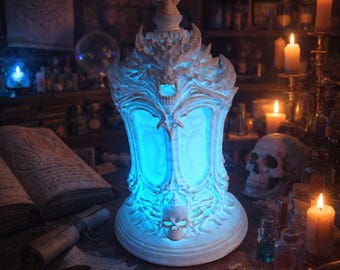 May include: A white, ornate lantern with a dragon-like face and skull details. The lantern emits a bright blue light, creating a mystical ambiance. The design includes a handle at the top. The lantern is likely a decorative item.