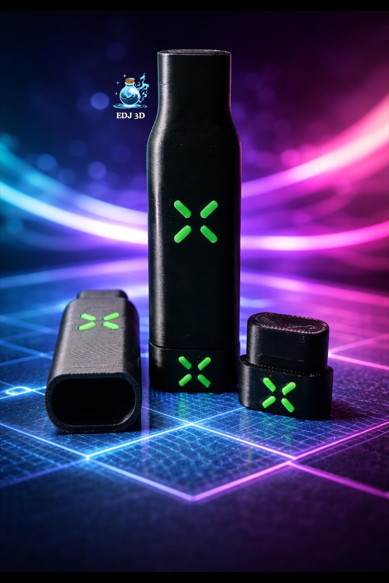 May include: Black electronic device with green X markings, featuring a rectangular body and a separate cap. The device is displayed against a vibrant blue and pink gradient background. The text "EDJ 3D" is visible.