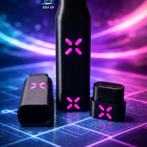 May include: Black electronic device components with pink illuminated X-shaped designs. The components are arranged on a blue and purple gradient background. The text "EDJ 3D" is visible in the upper left corner.