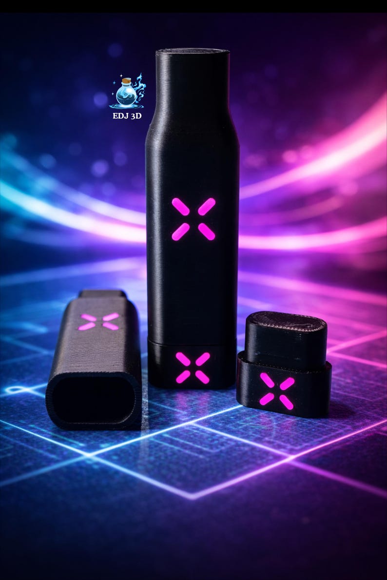 May include: Black electronic device components with pink illuminated X-shaped designs. The components are arranged on a blue and purple gradient background. The text "EDJ 3D" is visible in the upper left corner.