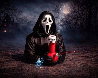 May include: A person in a black hooded robe and Scream mask holds a red bong with a skull design. Smoke rises from the bong. The background features a spooky forest, a full moon, and a house.