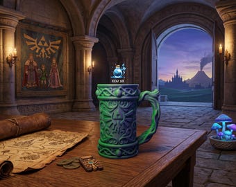 May include: A green and blue decorative mug with a detailed design, featuring a handle shaped like a vine. The mug is placed on a wooden table with a map, coins, and a decorative mushroom light. A banner with a crest hangs on the wall.