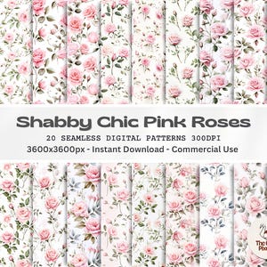 Shabby Chic Seamless Pattern Floral Printable Paper Pack Pink Rose Pattern Junk Journal Scrapbook Paper Vintage Collage Sheet Ephemera