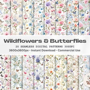 Wildflower Butterfly Seamless Pattern: Vintage Floral Paper (Digital Download)