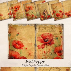 Poppy Junk Journal Pages, Watercolour Poppies, Red Poppies, Scrapbooking Background, Vintage Flowers, Spring Flower Paper, Digital - RP0924