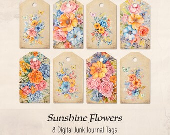Junk Journal Tags, Flowers, Ephemera, Bright, Pink, Blue, Orange, Vintage, Shabby Chic - SU0125